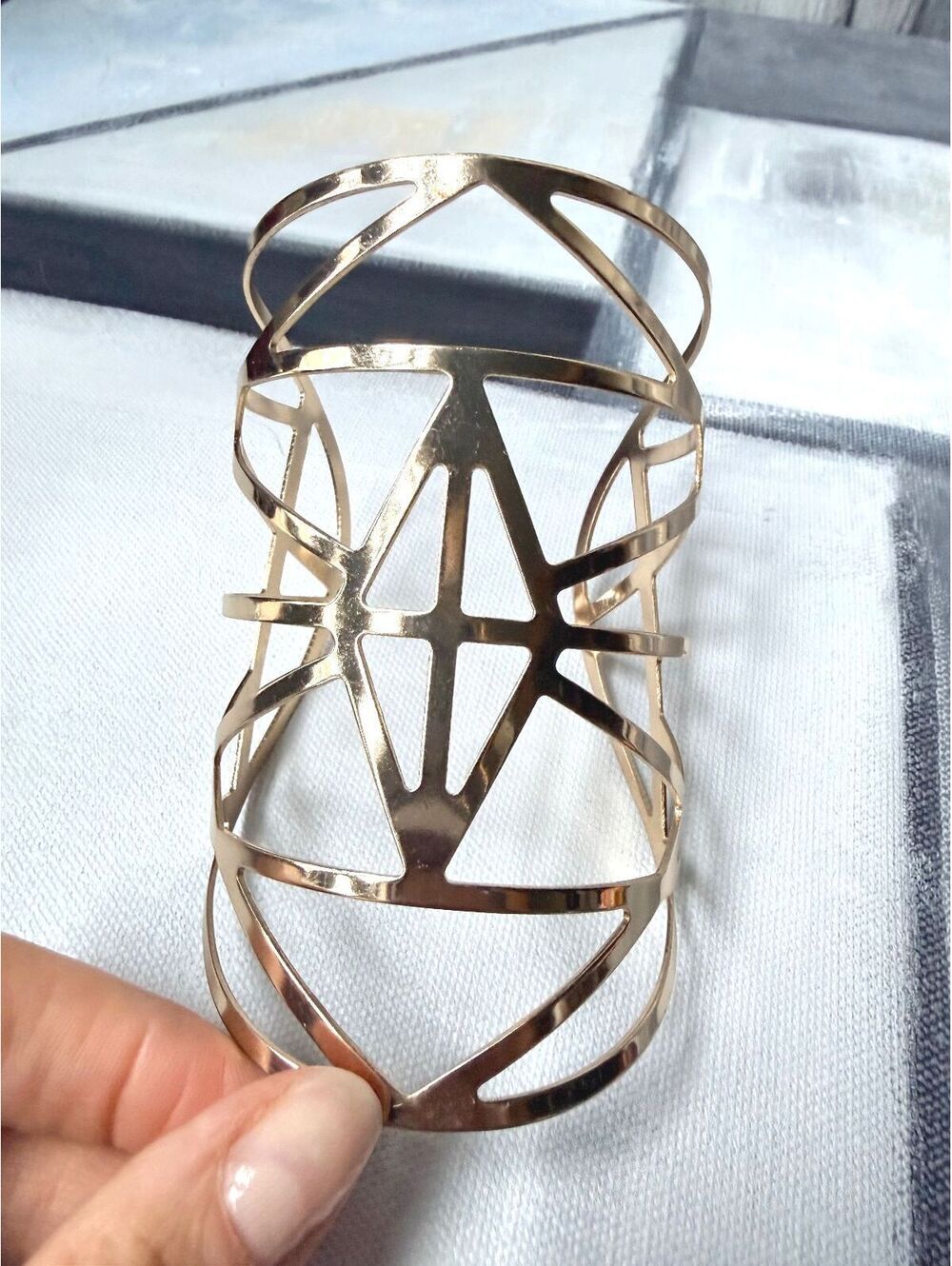 Modernist Gold Tone Architectural Wide Statement Cuff - Picture 3 of 9